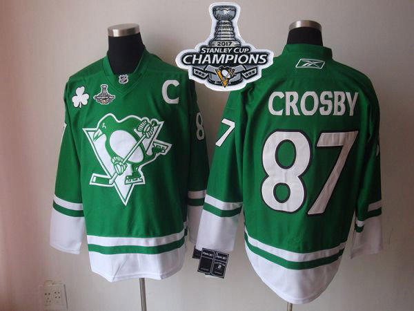 Penguins #87 Sidney Crosby Green St Patty's Day Stanley Cup Finals Champions Stitched NHL Jersey - Click Image to Close